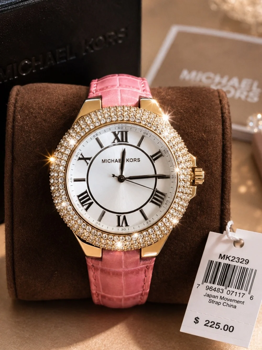 Michael Kors MK2329 Camille Crystal Bezel Pink Leather Watch NIB